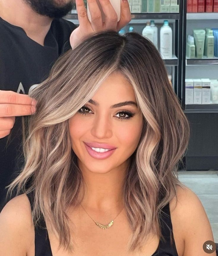 Bronde Blended, Ash Blonde Long Hair, Dr Nicole Martin Hair, Lob Haircut Fine Hair Brunette, Highlights With Shadow Root Brunette, Ash Hair With Money Piece, Ash Brown With Blonde Money Piece, Blonde To Bronde Short Hair, Fall Brown Balayage Hair