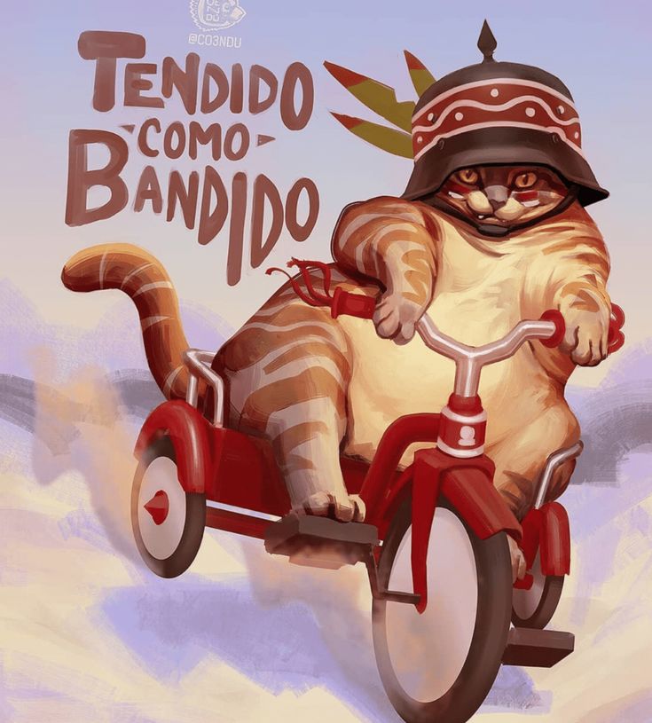 a painting of a cat on a tricycle with the caption tendio como bandado