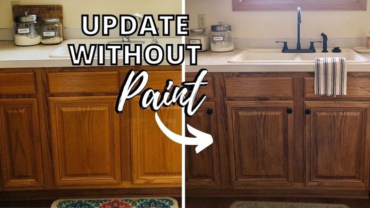 a kitchen with wooden cabinets and white counter tops, before and after the paint job