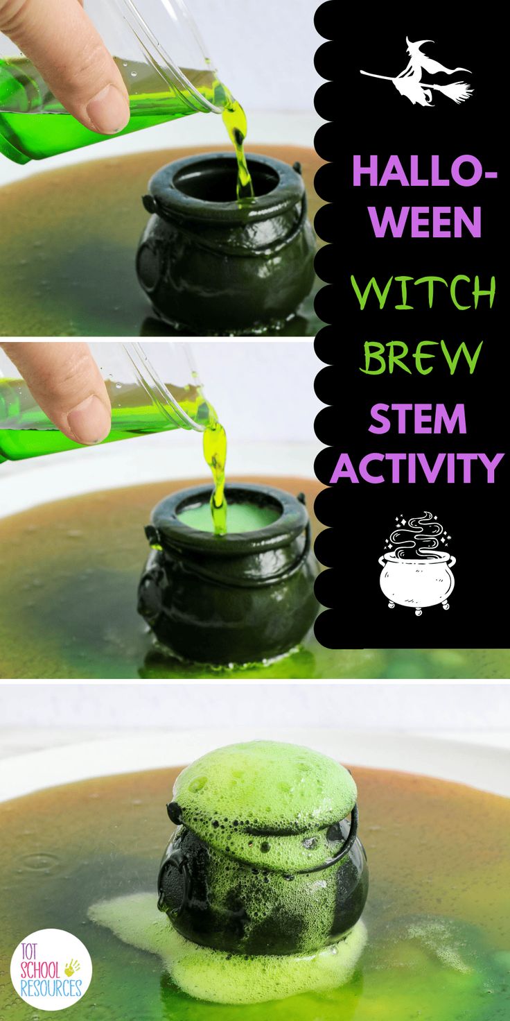 Spooky Witch's brew science experiment {Halloween activity for kids} Wizard Themed Activities, Potions Science Experiment, Witches Brew Preschool, Halloween Potion Activity, Halloween Themed Stem Activities, Spooky Experiments For Kids, Halloween Activity Ideas For Kids, Kids Halloween Experiments, Halloween Craft For Kids Party