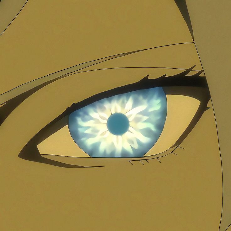 an anime character's eye with blue and white iris