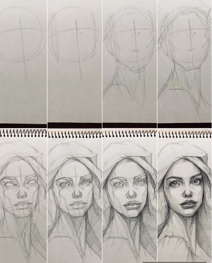 the steps in how to draw a woman's face with pencils on paper