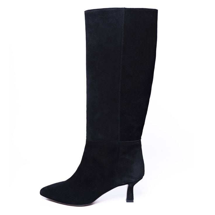 These boots with pointed toe and straight shaft can accompany you from morning till night. The 5.5 cm kitten heel is elegant but comfortable, perfect to party all night long or for a formal lunch with colleagues. Our style advice? Wear it with a black dress and slouch blazer during the day, make them sparkle in the night with a sequin skirt and a silk shirt. Choose the calf circumference and height that best fit you, click the button above to get to know how to correctly measure your calf. Detai Chic Evening Heeled Winter Boots, Classic Pointed Toe Heeled Boots With Suede Lining, Chic Suede Boots For Office, Elegant Winter Boots With Suede Lining, Elegant Suede Boots For Winter, Evening Boots With Reinforced Low Heel, Elegant Winter Suede Boots, Chic Cocktail Boots For Fall, Sleek Formal Heeled Boots With Deep Heel Cup