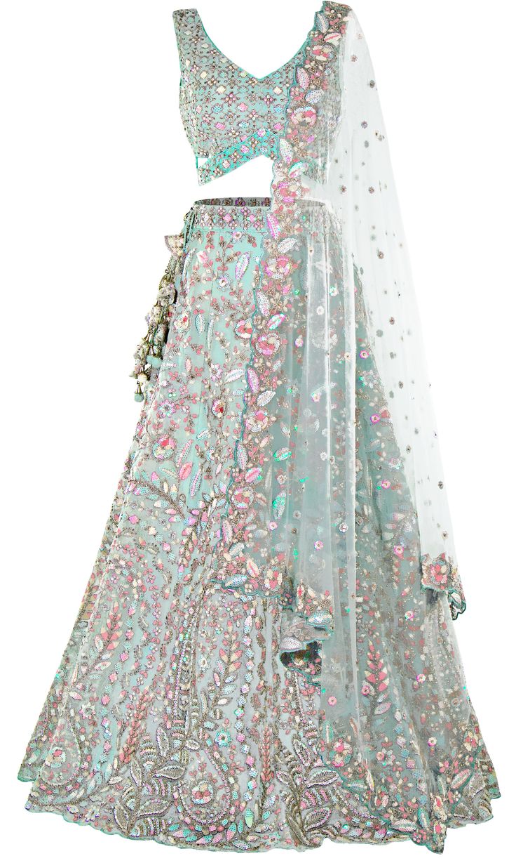 • Skirt waist has a drawstring • Blouse has a drawstring back for adjustability• Blouse has padded inserts A beautiful sea-green/blue lehenga set, with heavy multi-colored embroidery. Packed with blingy beads, flashy sequins, and intricate thread-work, you'll be the goddess of the event! Fun fact, depending on how the light hits the sequins, they show a different color. Bollywood Style Embellished Green Anarkali Set, Green Embellished Semi-stitched Anarkali Set, Eid Embellished Pista Green Lehenga, Festive Green Embellished Sharara, Festive Embellished Green Sharara, Green Embellished Anarkali Choli, Green Embellished Traditional Wear For Navratri, Embellished Green Traditional Wear For Navratri, Anarkali Embellished Green Choli