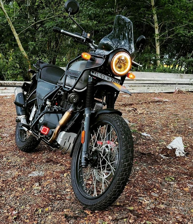 a black motorcycle parked on top of a leaf covered ground next to trees and bushes