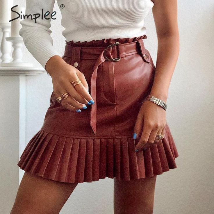 Sash Belt PU Leather Women Ruffled High Waist Mini Skirt  Price: 57.89 & FREE Shipping  #partyoutfit Hippie Top, Pu Leather Skirt, Belted Mini Skirt, Leather Pleated Skirt, Business Photoshoot, Cheap Skirts, Winter Work, Chic Skirts, Women Skirt