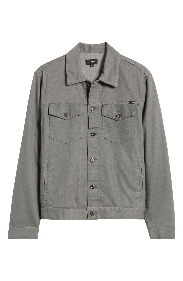 Refresh your layers with this streamlined trucker jacket made from AG Cloud Soft Denim™ in a casual-cool solid-grey wash. Front button closure Spread collar Button cuffs Chest button-flap patch pockets; front welt pockets 93% cotton, 6% polyester, 1% elastane Machine wash, tumble dry Imported Gray Spring Outerwear With Button Cuffs, Casual Gray Denim Jacket For Spring, Denim Trucker Jacket, Grey Wash, Trucker Jacket, Nordstrom Store, Dart, Welt Pockets, Welt Pocket