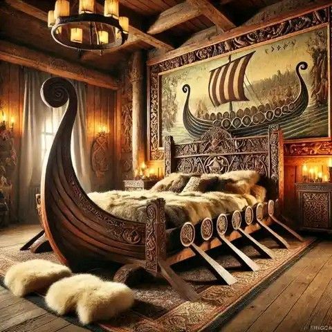 an old fashioned bedroom with a large wooden boat on the wall and fur rugs