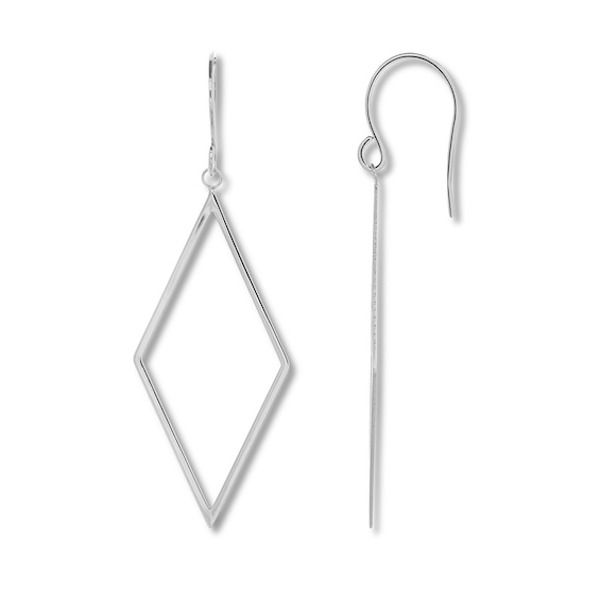 These bold earrings for her feature diamond-inspired shapes styled in 14K white gold. The earrings secure with fishhook backs. Modern Linear Earrings For Anniversary, Modern Diamond-shaped Earrings For Formal Occasions, Modern Diamond-shaped Earrings For Formal Events, White Gold Diamond Earrings With Ear Wire, Modern Diamond Linear Earrings, Minimalist Pierced Diamond Earrings For Formal Occasions, Minimalist White Gold Diamond Drop Earrings, Silver Diamond-shaped Diamond Earrings, Modern Single Diamond Drop Earring