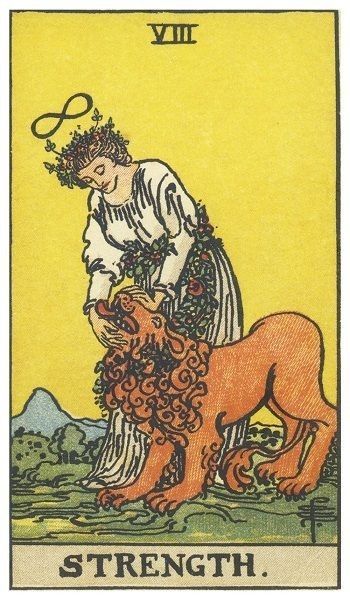 a tarot card with an image of a man on a horse and the words strength