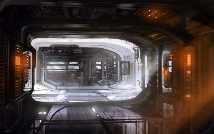 the inside of a sci - fi space station with lights shining from it's windows