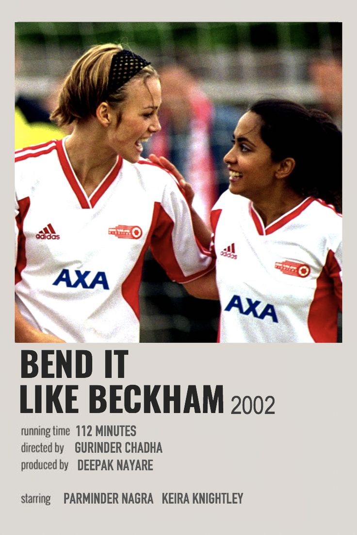 two women in soccer uniforms standing next to each other with the words bend it like beckham