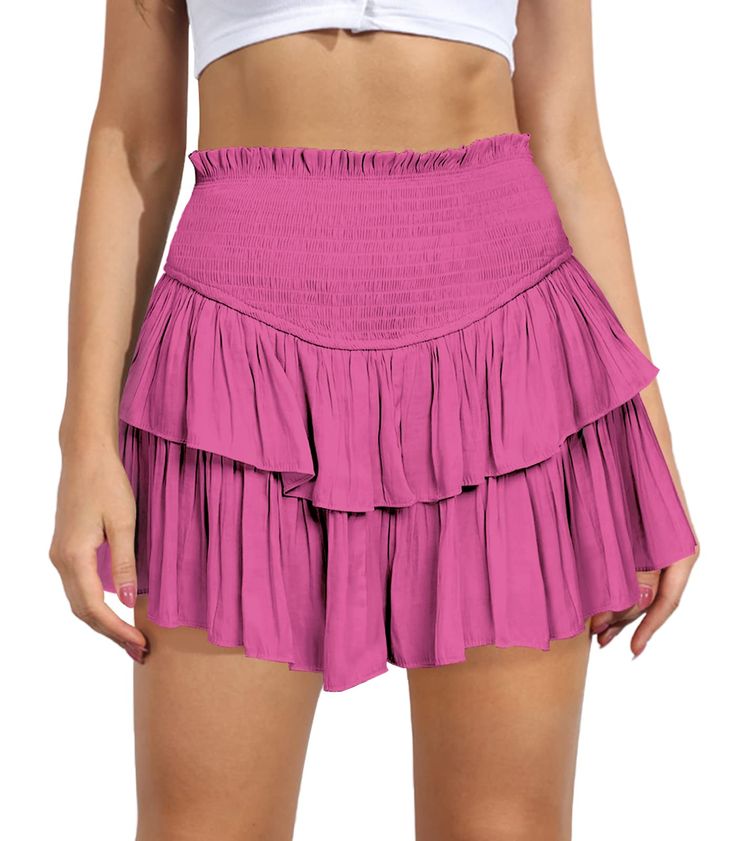 PRICES MAY VARY. 【Fabric】Womens Ruffle hem mini skirt is made of high-quality rayon fabric, soft and comfy, flowy and lightweight, skin-friendly and stretchly, makes you feeling well. 【Features】Shirred elastic high waist, stretchy smocked waistband, tiered ruffled layers, two-tiers of ruffles, flared flowy, fashion pleated hem, fully lined, inner lining, mini length, solid color, casual trendy style. This women's flowy skirt flows naturally when you walk and perfectly shows your charm. 【Occasion Flowy Fashion, Flowy Mini Skirt, Ruffle Skirts, Shirred Waist Dress, Mini Pleated Skirt, Tiered Mini Skirt, Flowy Mini Dress, Ruffle Mini Skirt, Mini Short