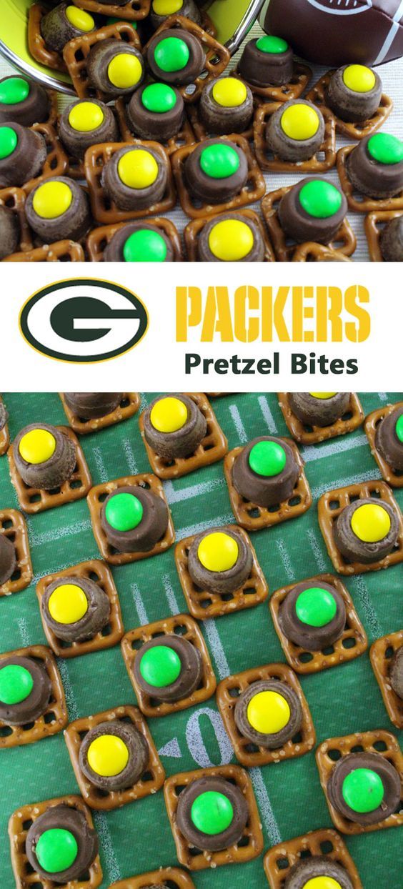 green bay packers pretzel bites are arranged on a football field with chocolate candies