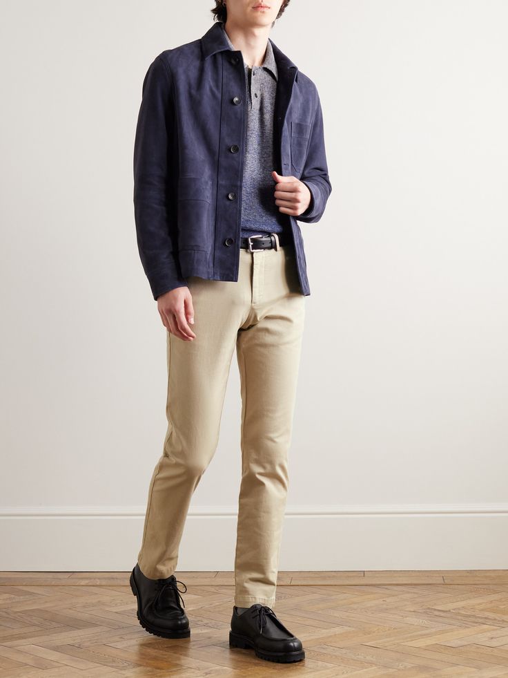 DESIGNED BY MR PORTER. Here at Mr P., we know the value of quality essentials. Tailored for a straight-leg fit, these chinos are made from comfortable cotton-blend twill in tan. Dress yours up with an unstructured blazer and polo shirt. Lower Impact Materials. This product is made using at least 50% lower-impact materials or ingredients. Find out more about our Consciously Crafted criteria here. Unstructured Blazer, Chinos For Men, Mr P, Tan Dress, Mens Chinos, Casual Trousers, Modern Man, Mr Porter, Fashion News