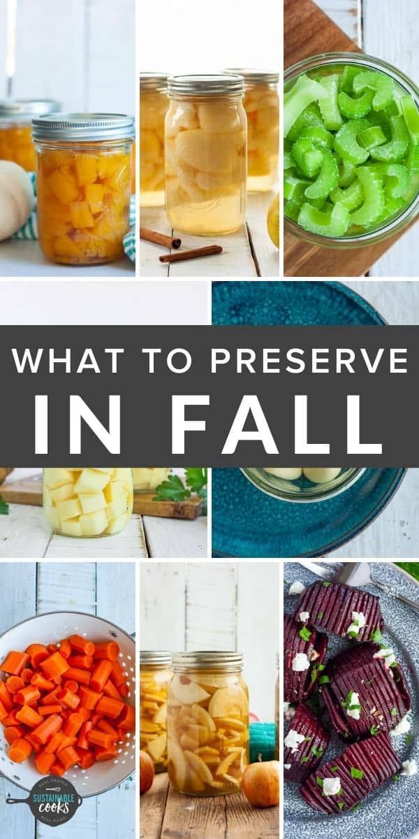 what to preserve in fall mason jars, pickles and carrots with text overlay that reads what to preserve in fall