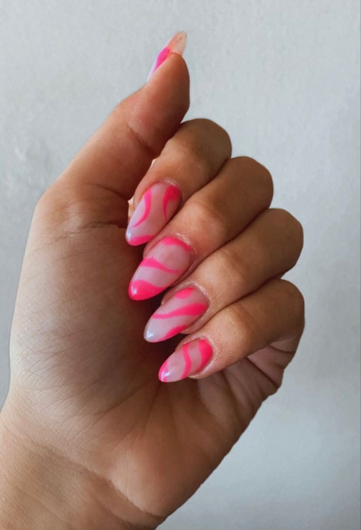 Abstract Pink Nails, Pink Nail Designs Almond Shape, Pink Abstract Nails, Sharp Nails, Hot Pink Nails, Prom 2024, Almond Acrylic Nails, Almond Shape, Pink Nail Designs