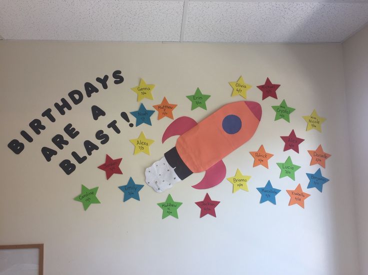 there is a birthday sign on the wall with a rocket ship and stars around it