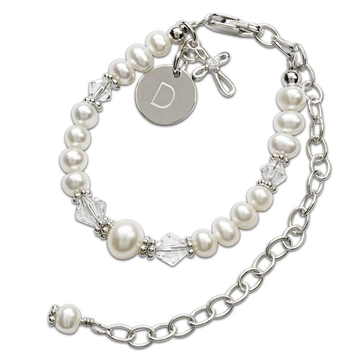 "Sterling silver keepsake baptism gift \"Baptism to Bride\" bracelet set. This special keepsake will be a treasure that can be cherished again when she has her first communion and again when she becomes a bride. This is designed with .925 sterling silver, high-quality freshwater pearls, high-end crystals, and is hand-beaded here in the USA. This comes with a sweet poem and includes a place to write her name and special dates along with a special gift box to tuck it away for that special day. Thi Personalized Silver Charm Bracelet With Birthstone, Personalized Adjustable Jewelry Keepsake, Personalized Round Bracelets For Keepsake, White Sterling Silver Charm Bracelet For Wedding, Engraved Silver Rosary Bracelet As Gift, Personalized Adjustable Keepsake Jewelry, Silver Bracelets Keepsake For Mother's Day, Adjustable Silver Name Bracelet With Birthstone, Silver Round Name Bracelet For Birthday