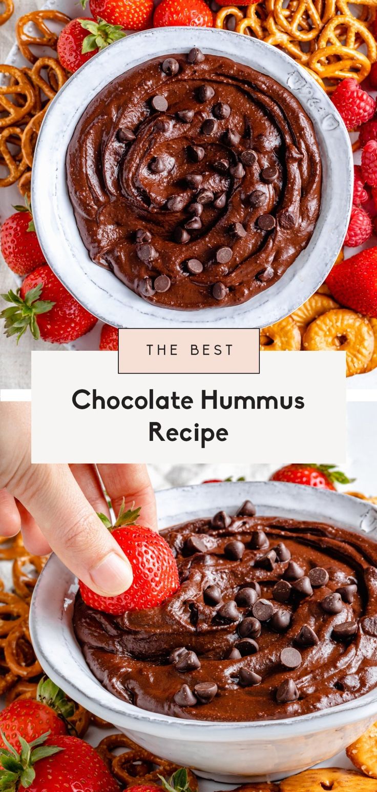 the best chocolate hummus recipe with strawberries and pretzels