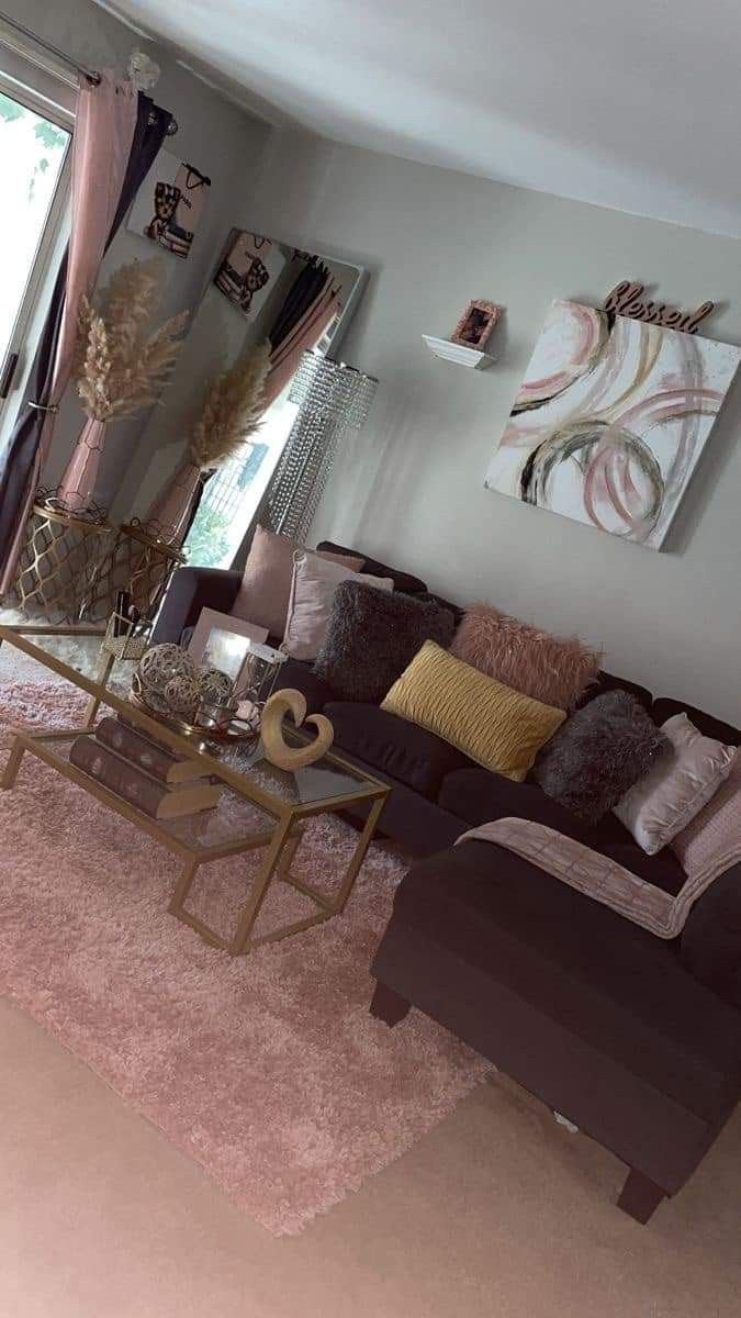 Dark Brown And Pink Living Room, Living Room Designs For Women, Brown Pink Living Room Decor, Pink And Brown Living Room Decor, Basic Apartment Kitchen Decor, Pink And Brown Decor Living Room, Apartment Decor For Women, Cute Condo Ideas Interior Design, Brown And Pink Decor Living Room