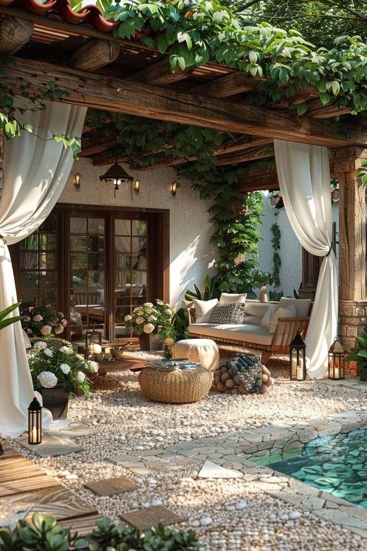 an outdoor living area with lots of greenery on the roof and curtains over it