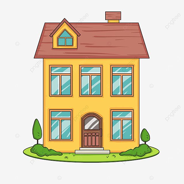 a yellow house with windows and trees on the lawn, cartoon, illustration png and psd