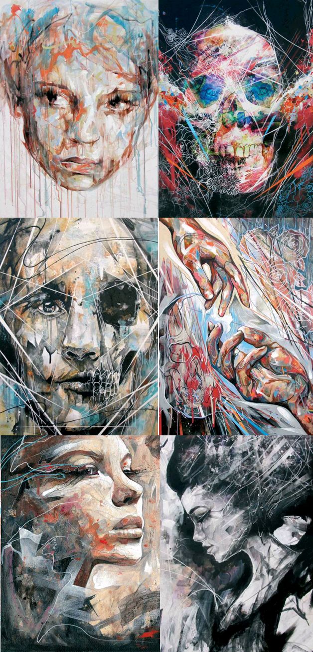 three different paintings with multiple faces and lines on the sides, one is painted in various colors