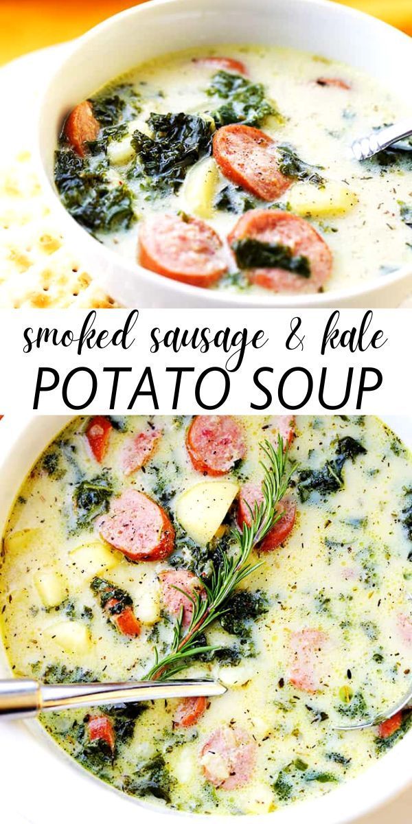 two bowls of smoked sausage and kale potato soup