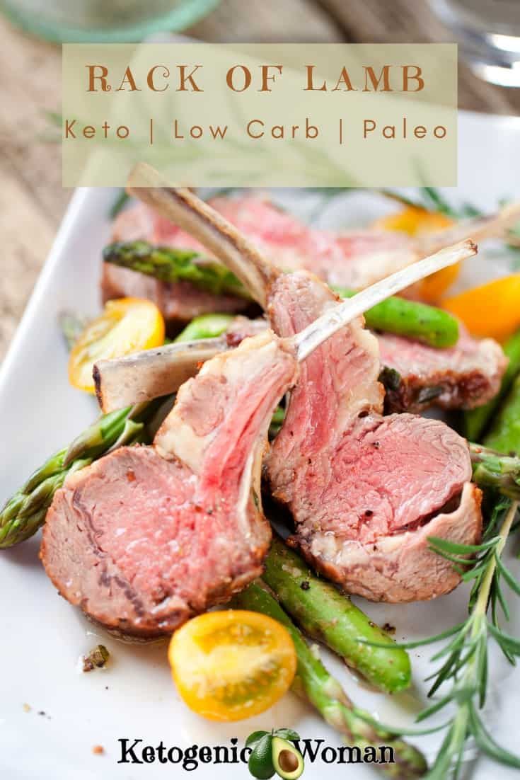 rack of lamb with asparagus and lemons on a white plate