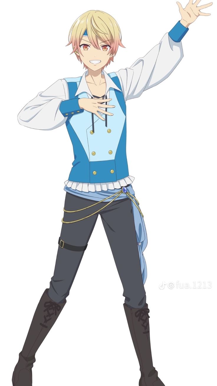 an anime character with blonde hair and blue clothes, holding his arms out in the air