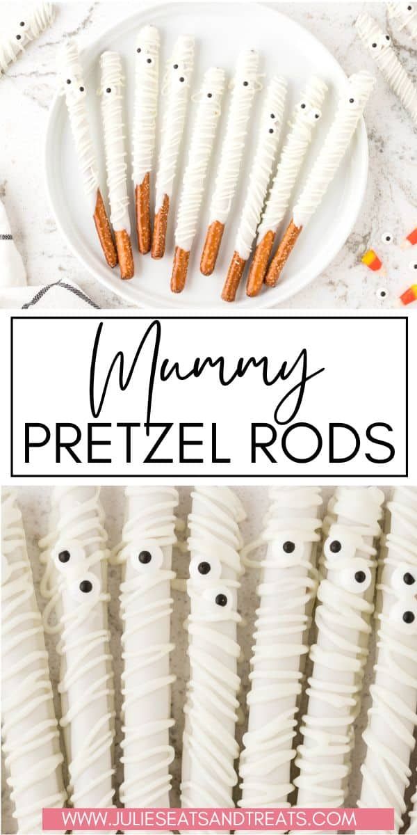 the words mommy pretzel rods on top of white plates with candy in them