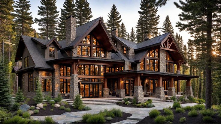 a large house with lots of windows in the front and side of it, surrounded by pine trees