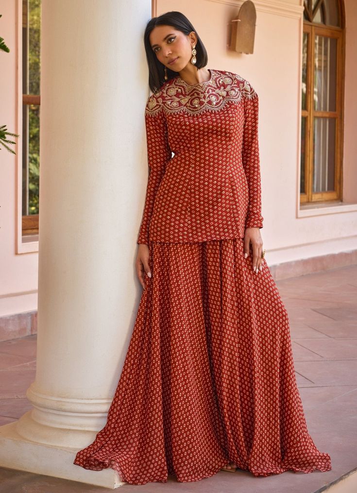 Red Bandhani Sharara Set With Ombre Dupatta Isha Gupta Tayal - Fabilicious Fashion Long Sleeve Suit Indian, Sharara Sets For Women, Satin Sharara Suit, Satin Indian Suit, Bandhani Anarkali Dress, Bandhani Dress Party Wear, Bandhani Sharara, Satin Sharara, Printed Sharara Suit