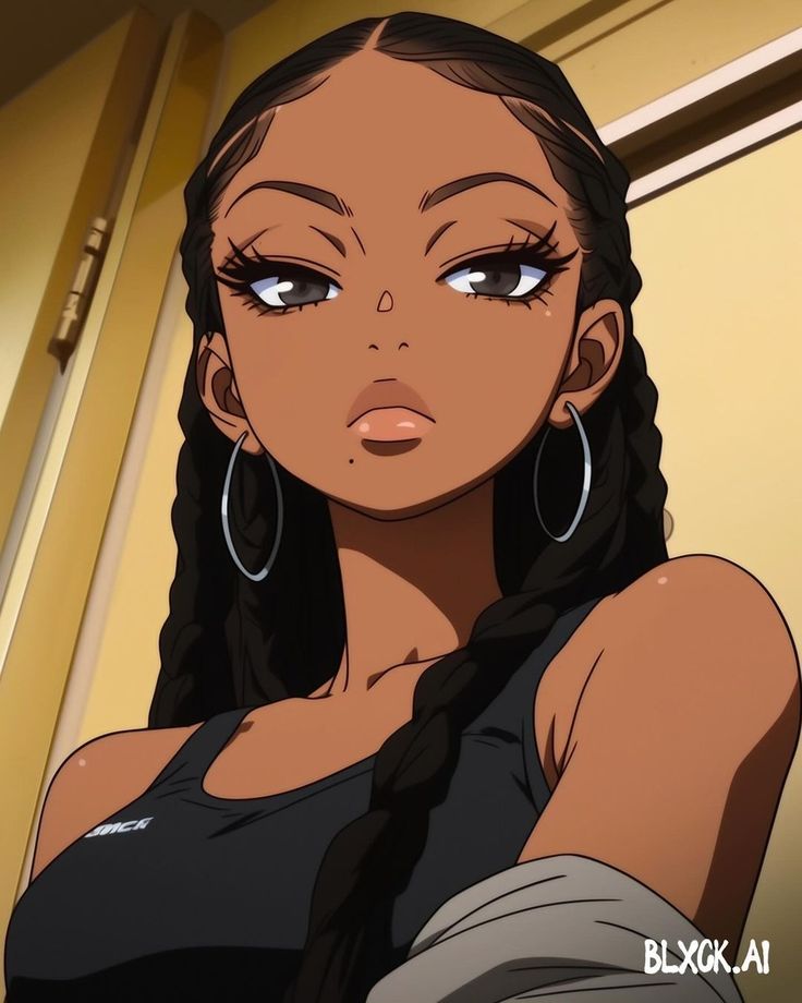 an animated image of a woman with large hoop earrings on her head and long black hair