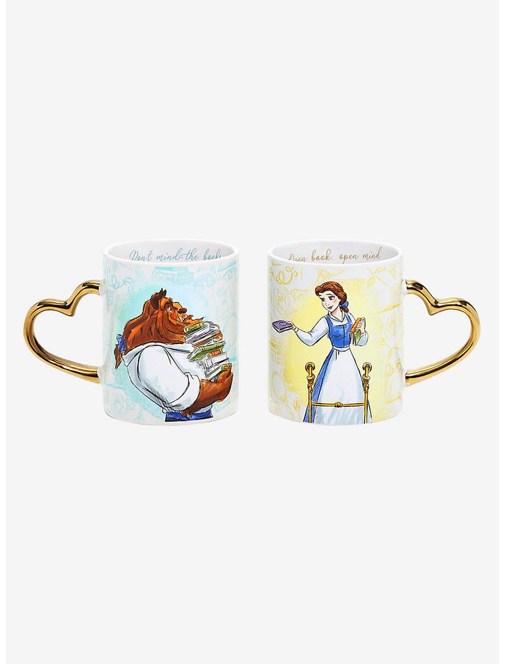 two coffee mugs with beauty and the beast characters on them, one is holding a spoon