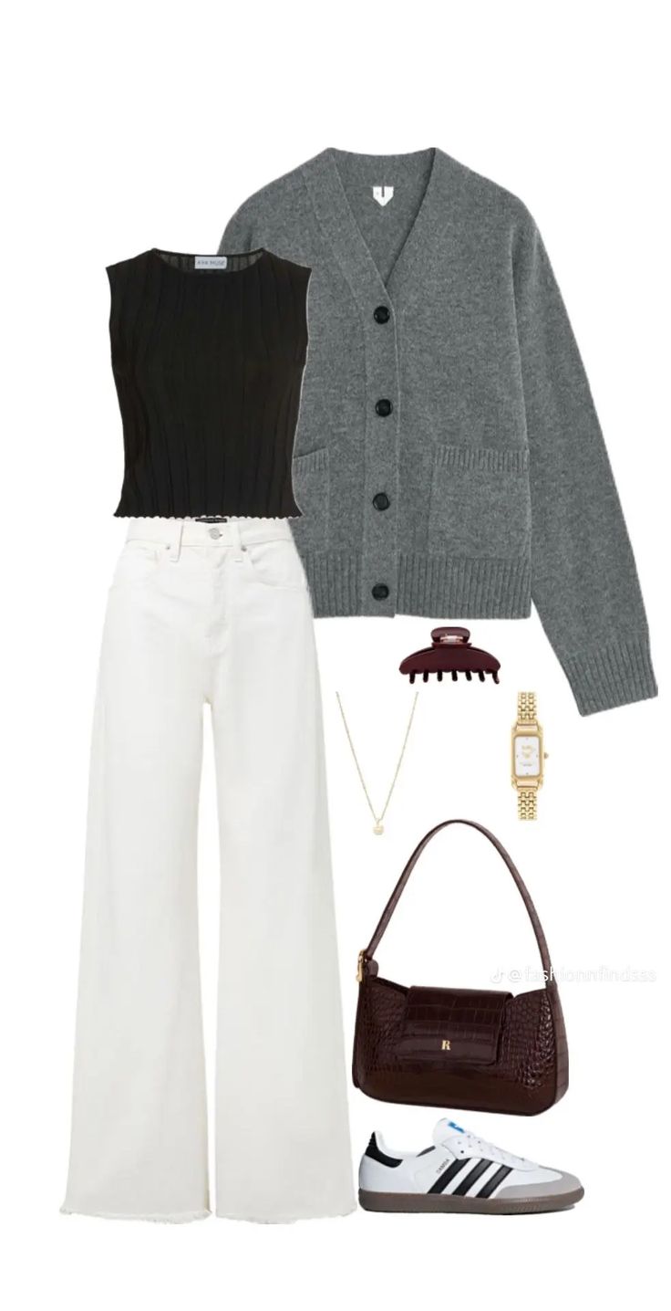 Uni Outfits, Looks Chic, Grey Cardigan, ��가을 패션, Looks Style, Casual Style Outfits, Lookbook Outfits, White Pants, Looks Vintage