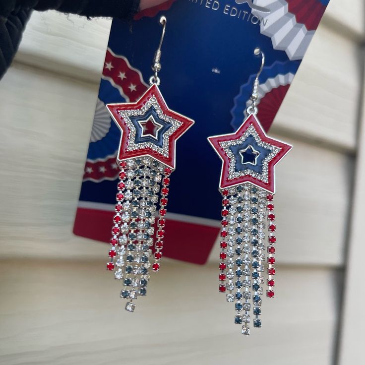 Super Cool Red White And Blue Dangling Earrings. Perfect For Memorial Day And 4th Of July Blue Patriotic Earrings For Independence Day, Patriotic Blue Drop Earrings, Blue Patriotic Drop Earrings, Patriotic Blue Earrings For Independence Day, Patriotic Blue Dangle Jewelry, Patriotic Multicolor Dangle Jewelry, Patriotic Blue Earrings For Party, Patriotic Multicolor Earrings For Independence Day, Red Dangle Earrings For 4th Of July