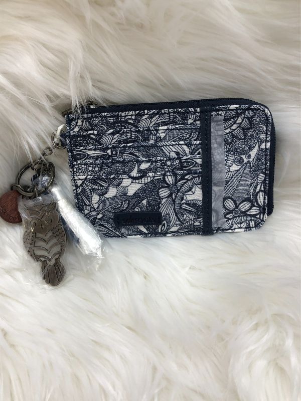 Navy Spirit Desert wallet. Perfect size for those that don't want to carry a purse. Coated canvas Antique silver tone hardware Main zipper closure Repreve Lining 6 credit card slots 1 ID window 2 vertical slit pockets Approx. 5.8" L x 0.5" W x 3.8" H Metal silver owl and 3 tassels (navy, white, gray) on removable keychain Cool Wallets, Silver Owl, Creative Things, Best Wallet, Wallet Pouch, Buy Buy, The Sak, Bracelet Crafts, Navy White