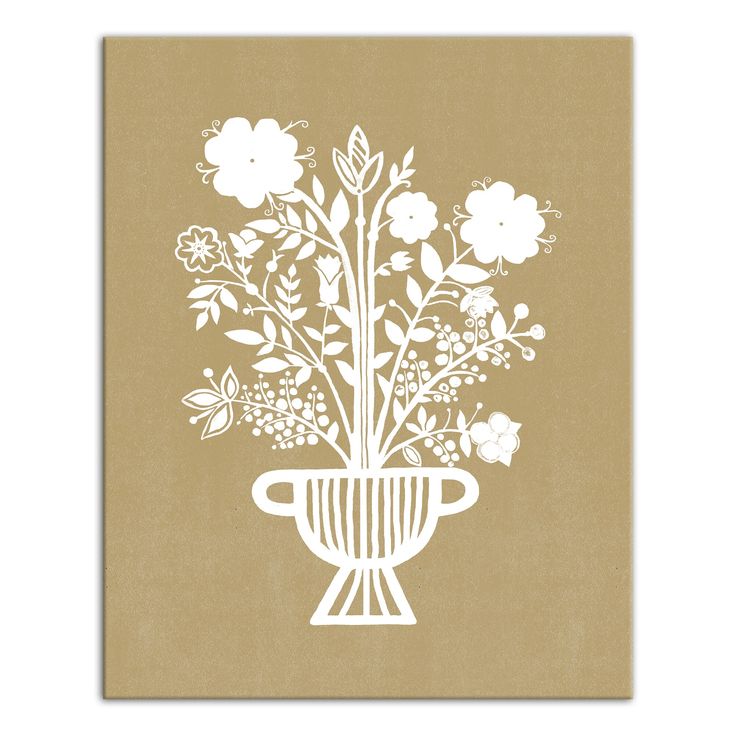 a white vase with flowers in it on a brown background is the shape of a flower pot