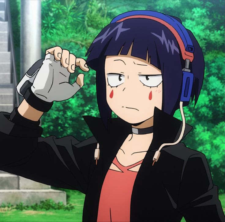 an anime character with headphones on, looking at something in front of her face