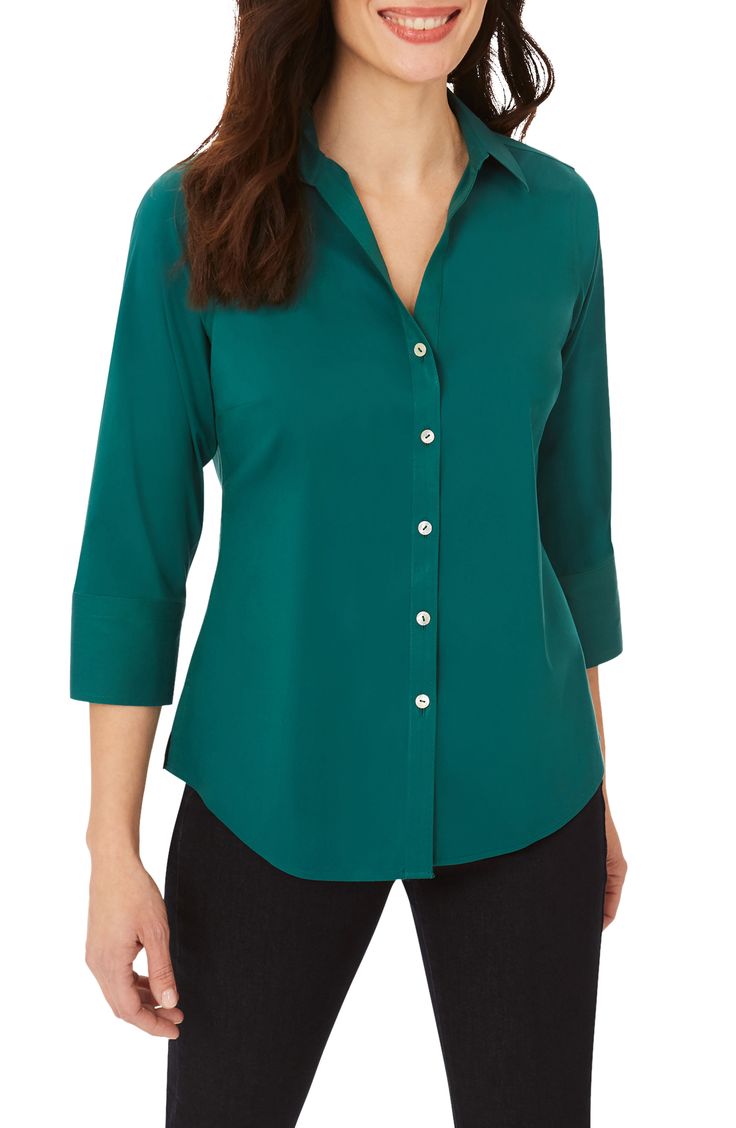 This versatile stretch-cotton-blend button-front shirt is fashioned with a flattering V-neckline and feminine cropped sleeves. Style Name:Foxcroft Mary Button-Up Blouse. Style Number: 5800968. Solid Color Button-up Business Blouse, Office Button-up Blouse With Button Closure, Formal Viscose Button-up Blouse, Solid Color Button-up Blouse With Buttoned Pockets, Green Button-up Blouse With Button Cuffs, Cropped Sleeves, Sleeves Style, Blouse Style, Women Blouse