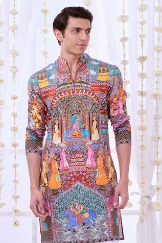 Multi colored straight kurta with royal Raj-Darbar prints. Comes with solid pyjama. - Aza Fashions Straight Kurta With Kalamkari Print For Festivals, Fitted Kurta With Kalamkari Print For Festivals, Fitted Kalamkari Print Kurta For Festivals, Fitted Kalamkari Print Kurta For Diwali, Festive Kalamkari Print Kurta, Wedding Kurta With Digital Print And Long Sleeves, Multicolor Long Sleeve Sherwani For Puja, Designer Straight Kurta With Kalamkari Print, Multicolor Straight Kurta With Dabka