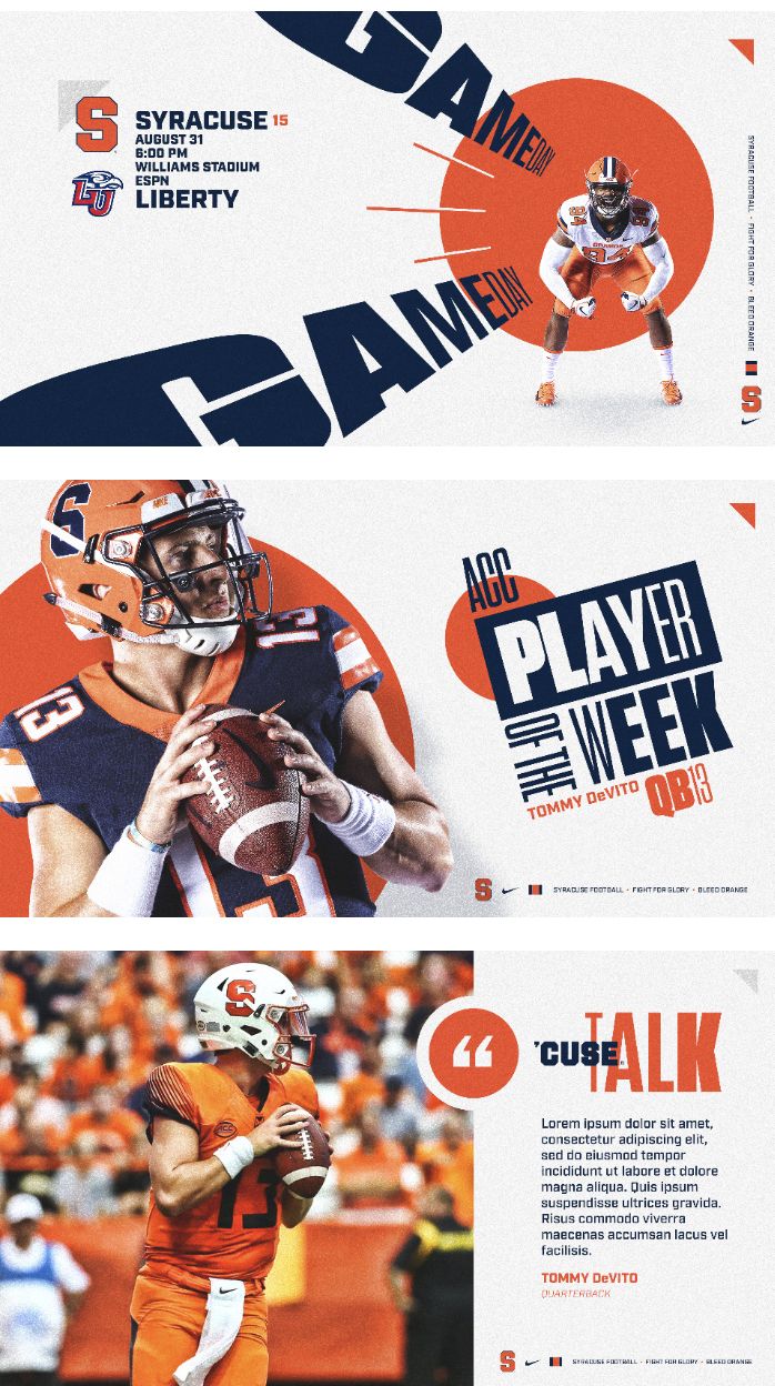 an orange and white poster with two football players in the same team's uniforms