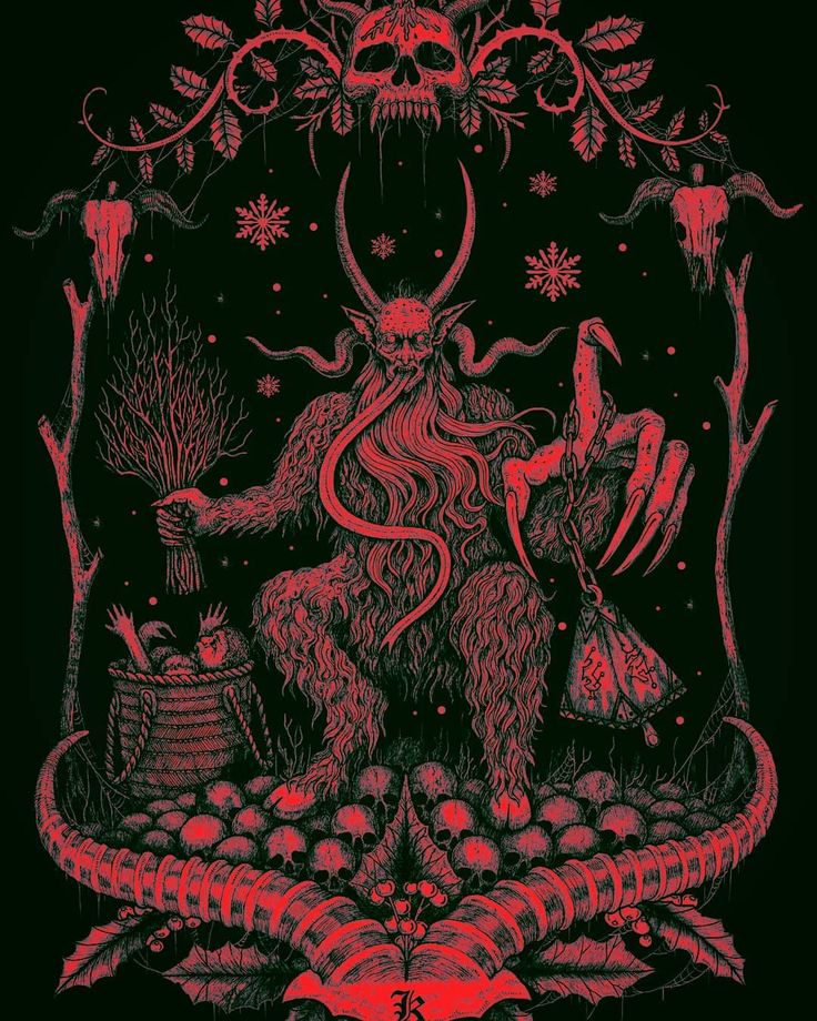 a red and black poster with an image of a demon surrounded by other demonic creatures