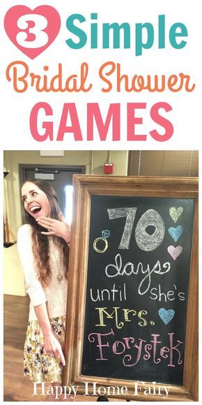 a woman standing in front of a chalkboard with the words, simple bridal shower games