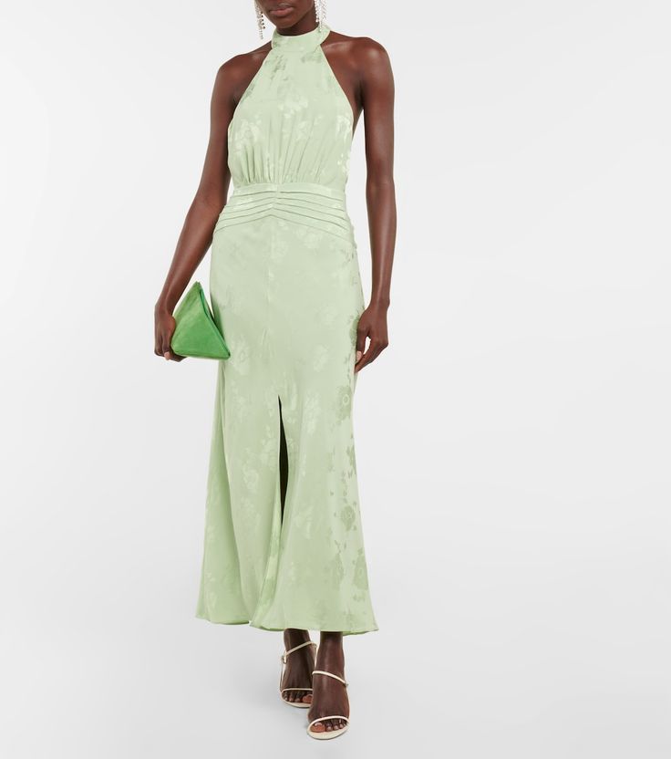 Kendra floral halterneck dress in green - Rixo | Mytheresa Light Green Formal Dress, Green Formal Dress, Chartreuse Dress, Back Care, Suede Clutch, Green Bridesmaid Dresses, Floral Jacquard, Jacquard Pattern, Built In Wardrobe