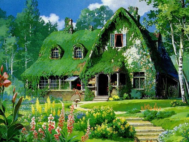 a painting of a green house with flowers and trees in the front yard, surrounded by greenery