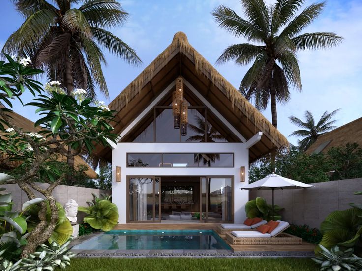 Hut Villa with Tropical Pool and Deck Sunken Sofa, Small Villa Design, Small Tropical House, Beach Villa Design, Balinese Villa, Resort Design Plan, Bathroom Loft, Bali Architecture, Bali Style Home