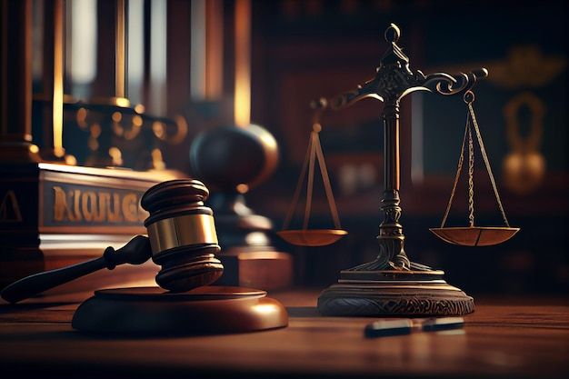 a judge's gavel and scale on a wooden table